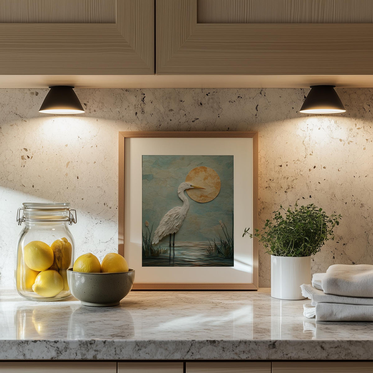 White Heron Sun animal art print shown in a room setting