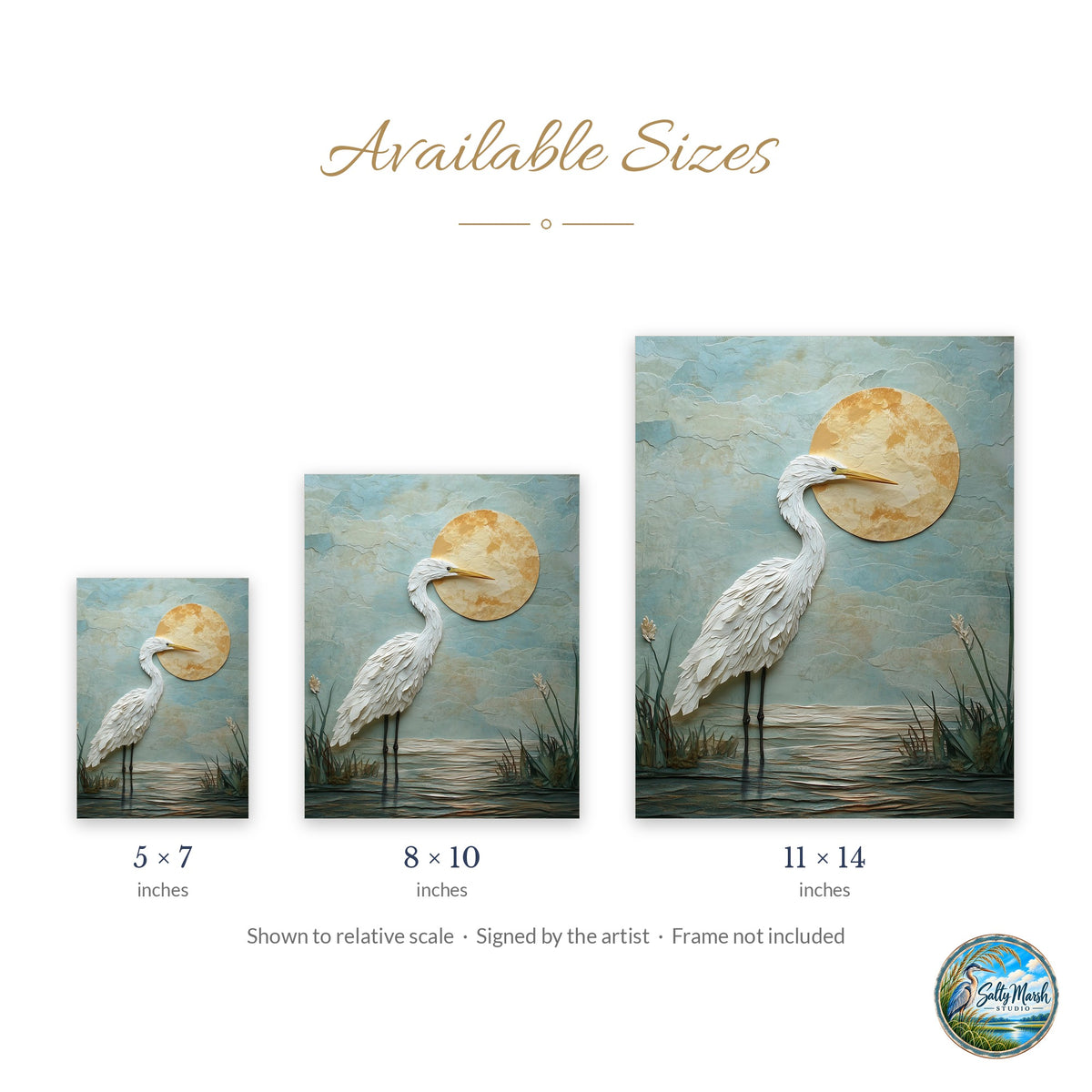 White Heron Sun art print size guide: 5x7, 8x10 and 11x14
