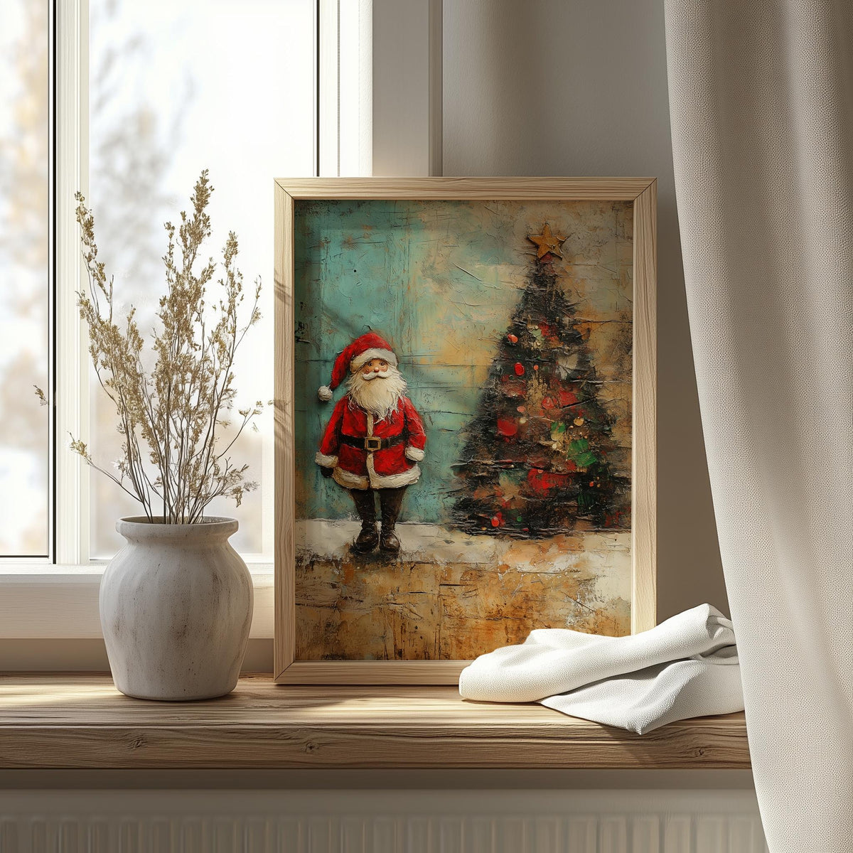 Folk Santa Christmas art print shown in a room setting