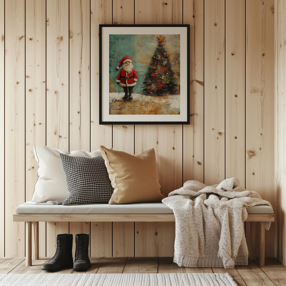 Folk Santa Christmas art print shown in a room setting
