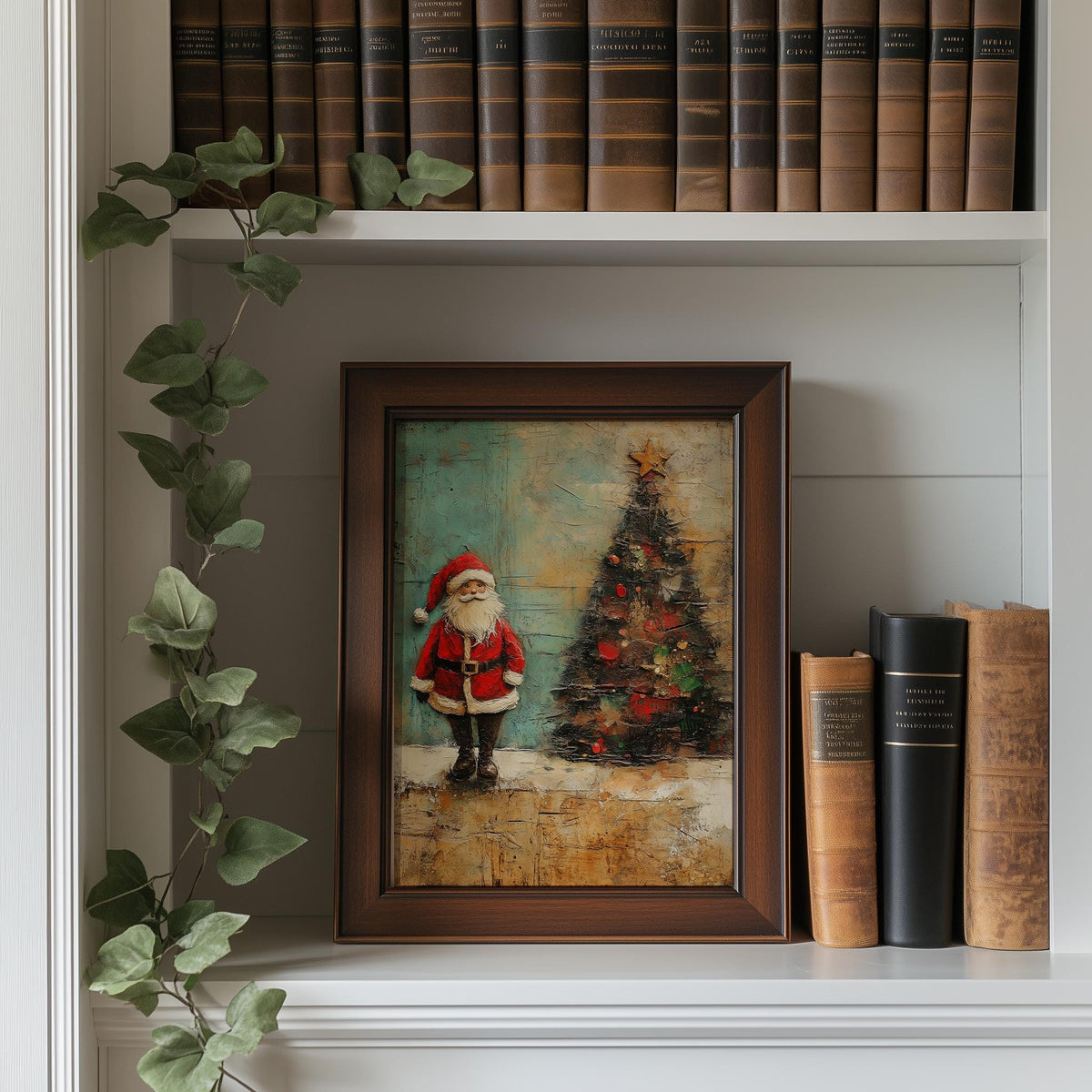 Folk Santa Christmas art print shown in a room setting