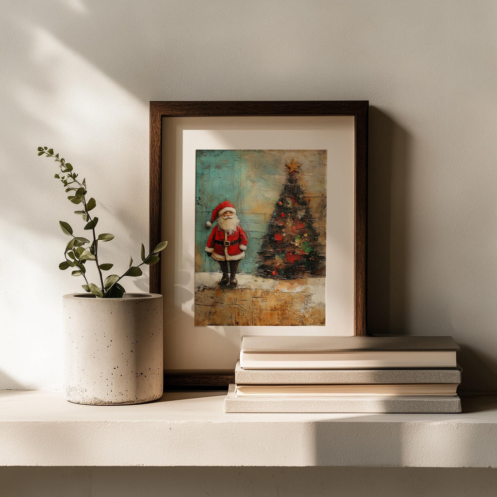 Folk Santa Christmas art print shown in a room setting