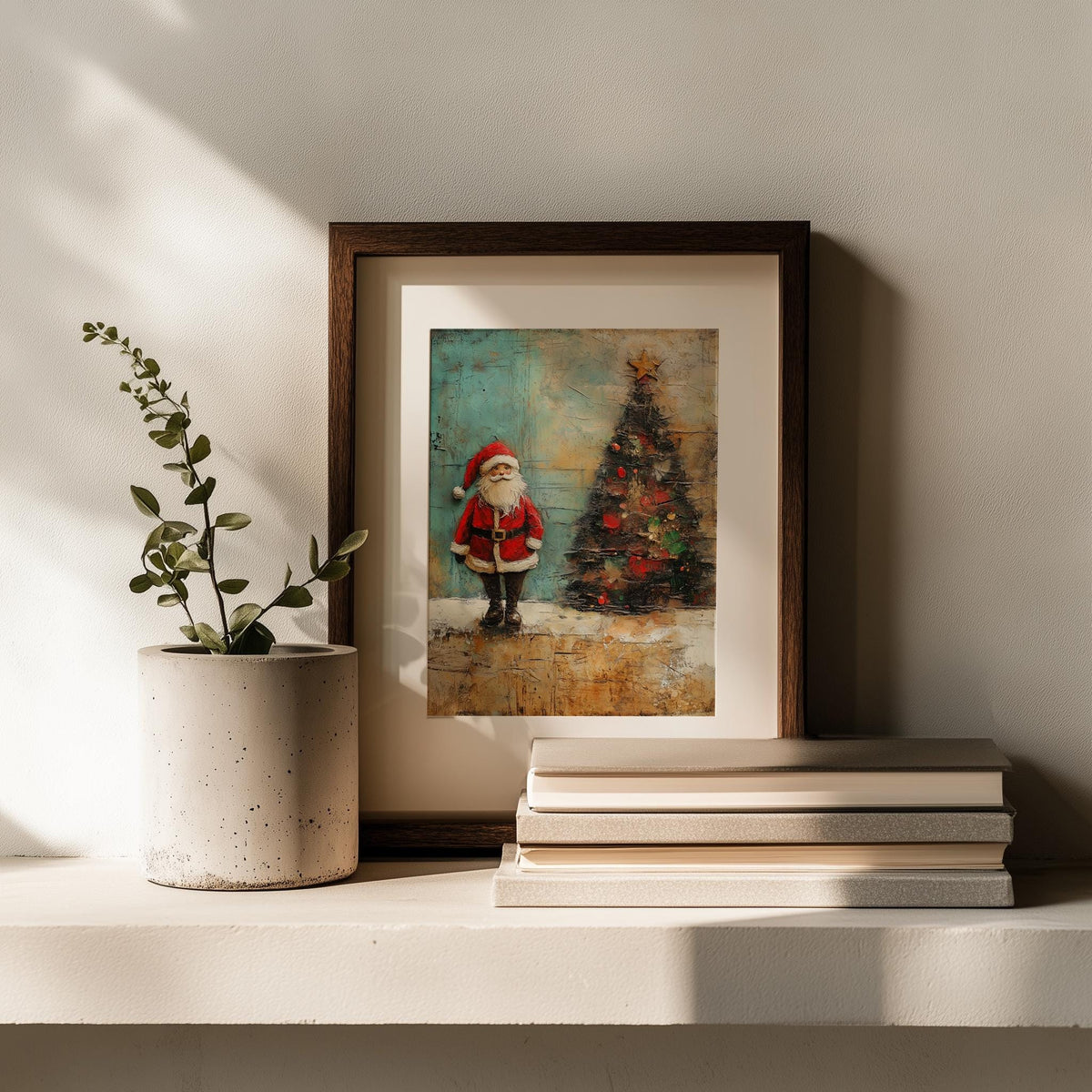 Folk Santa Christmas art print shown in a room setting