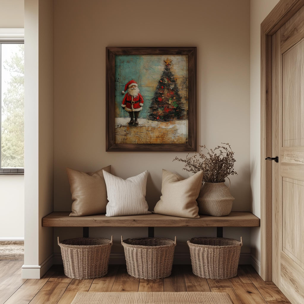 Folk Santa Christmas art print shown in a room setting