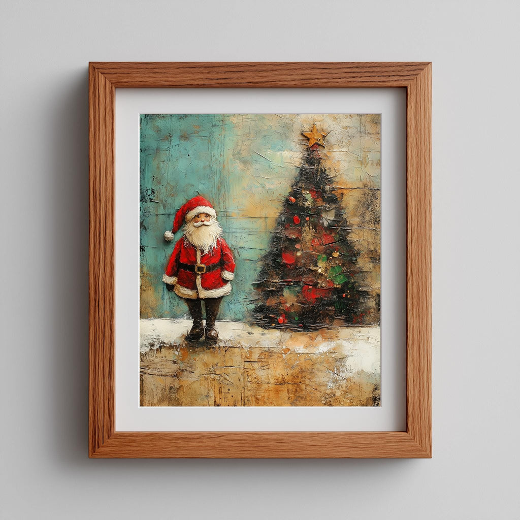 Folk Santa Christmas art print shown in a room setting
