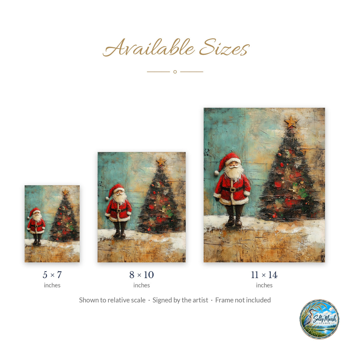 Folk Santa art print size guide: 5x7, 8x10 and 11x14