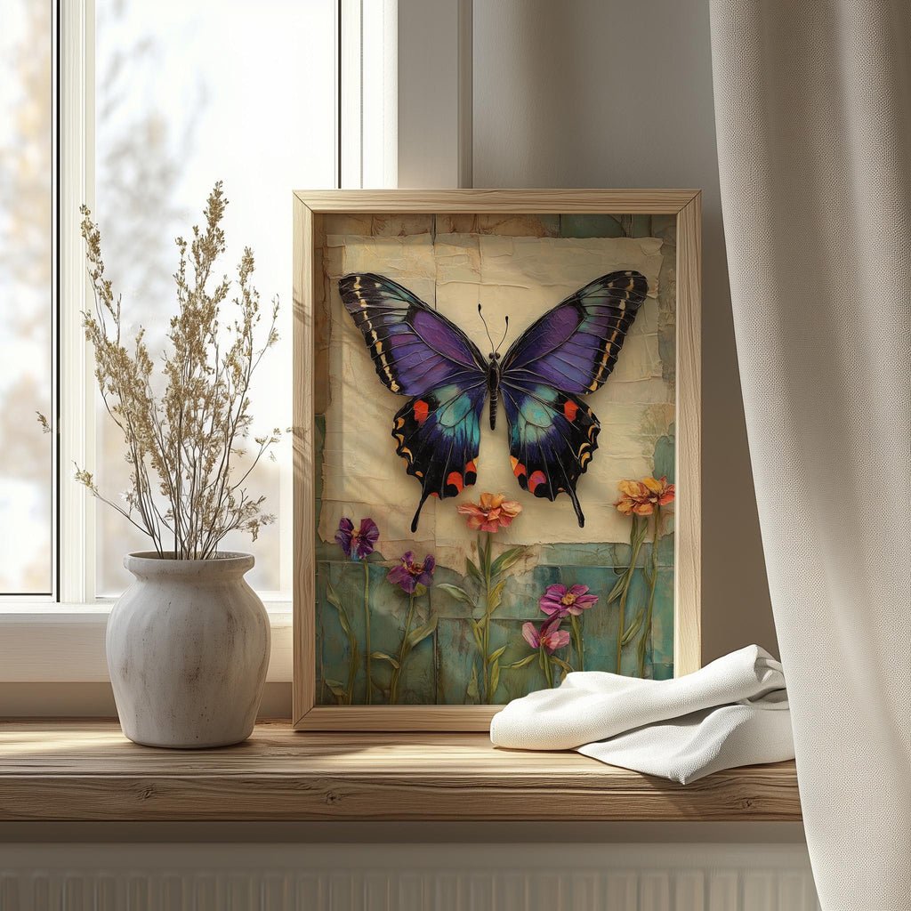 Purple Butterfly animal art print shown in a room setting