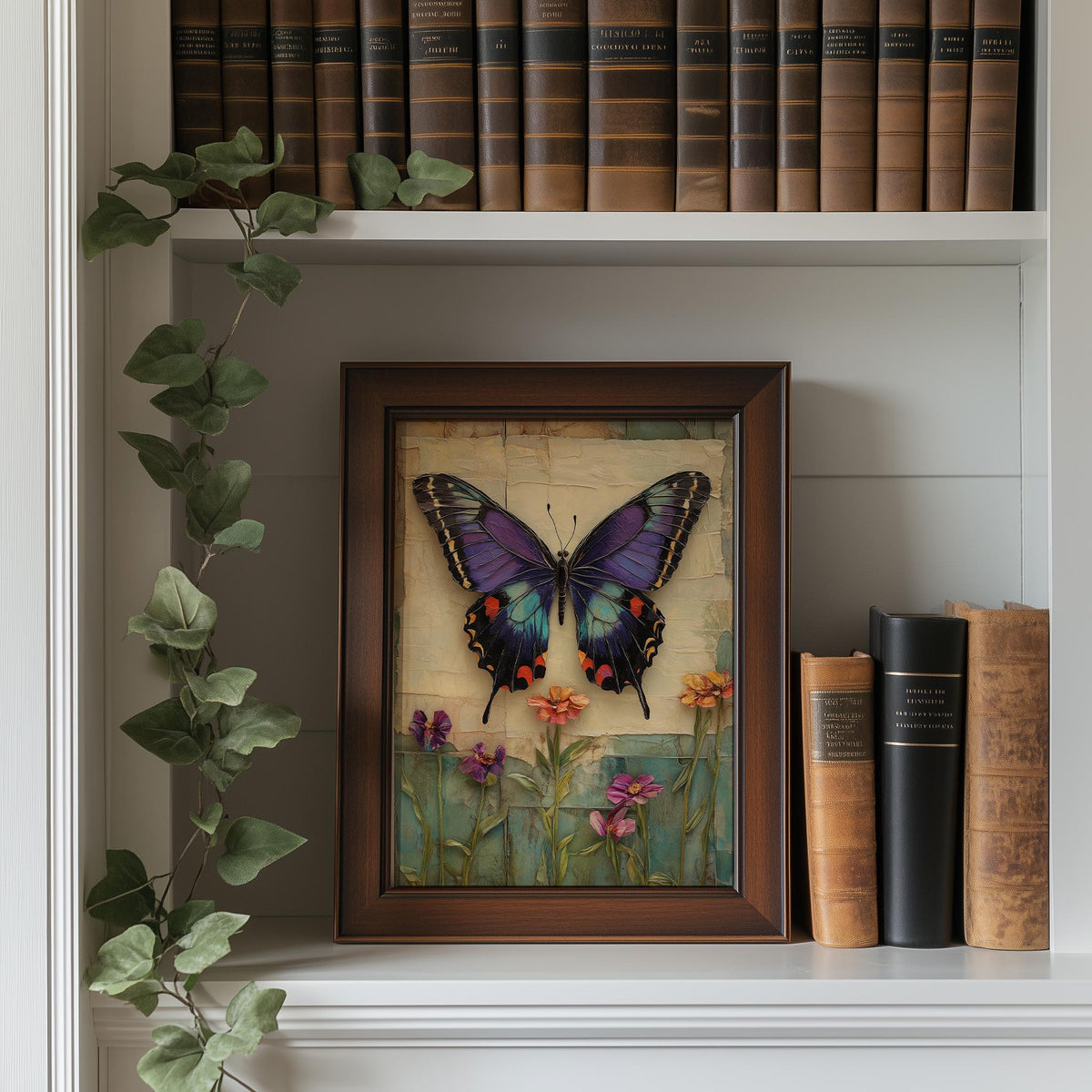 Purple Butterfly animal art print shown in a room setting