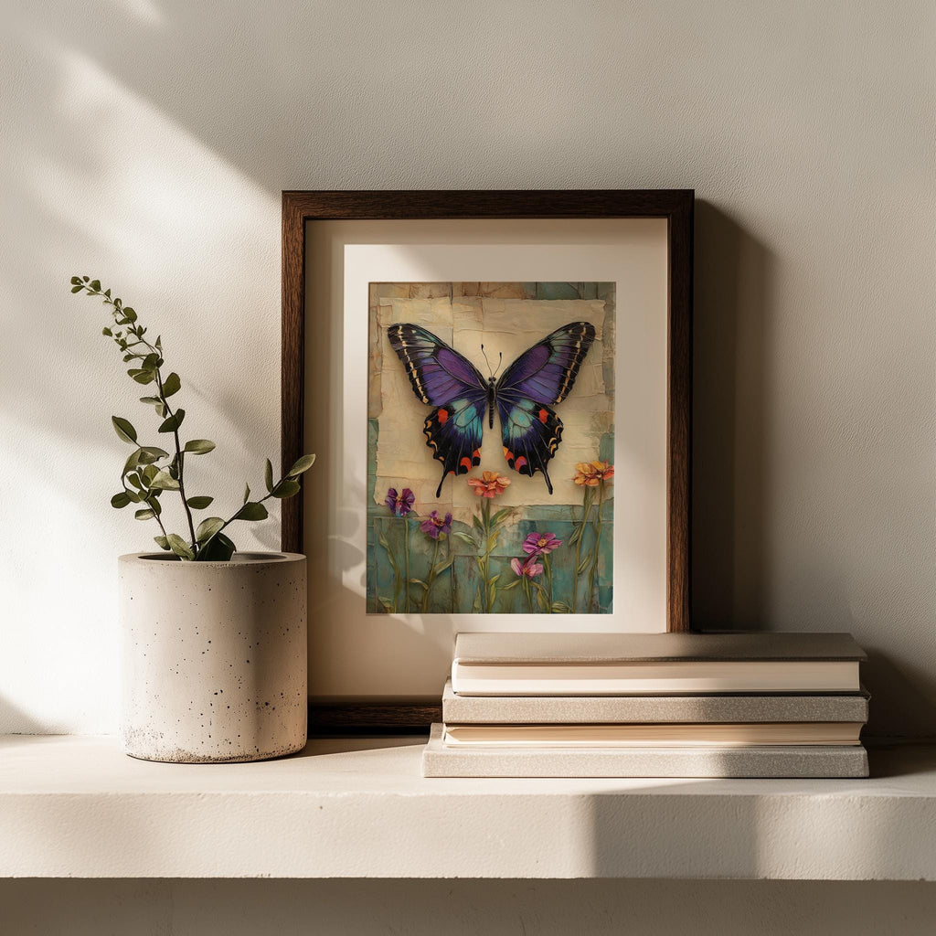 Purple Butterfly animal art print shown in a room setting