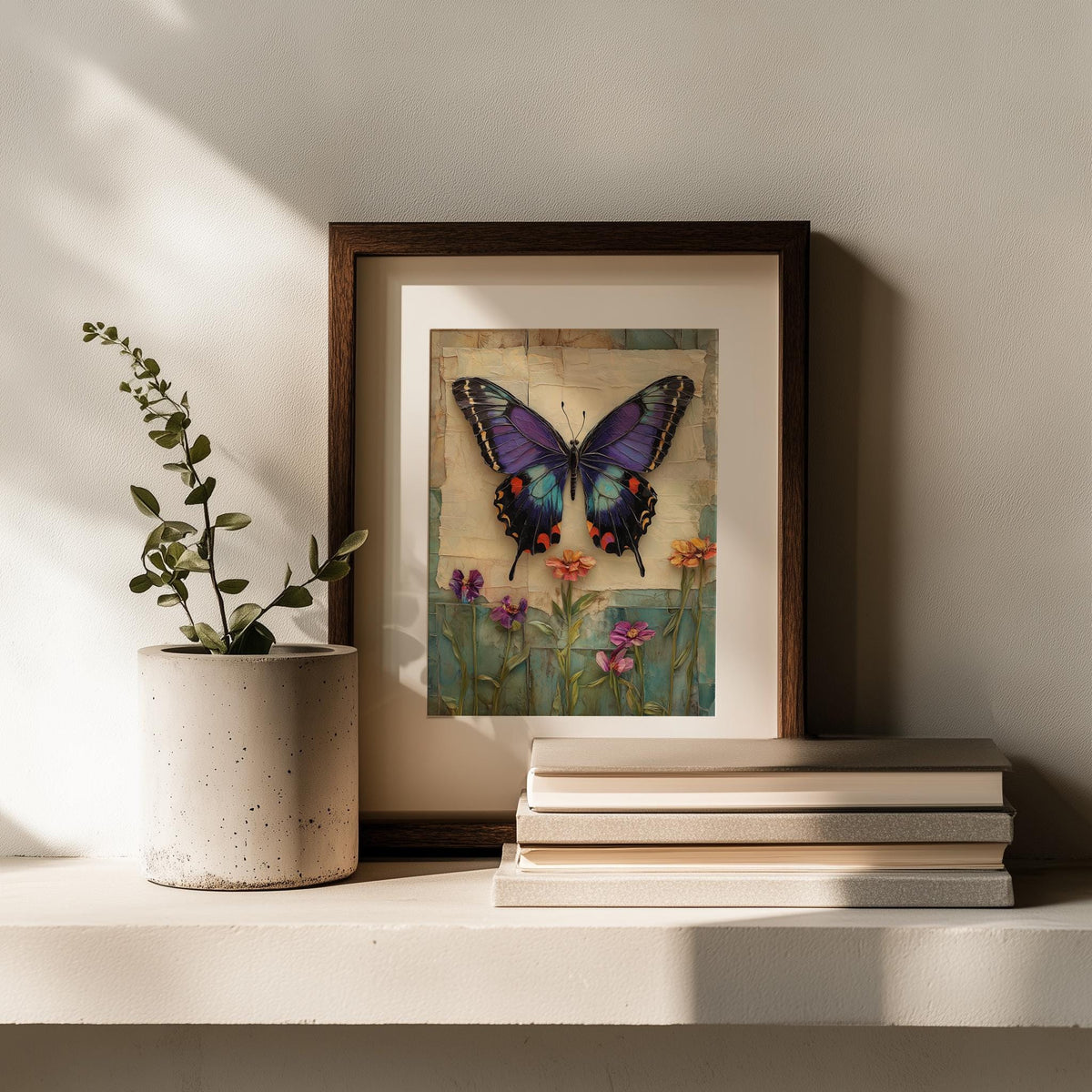 Purple Butterfly animal art print shown in a room setting