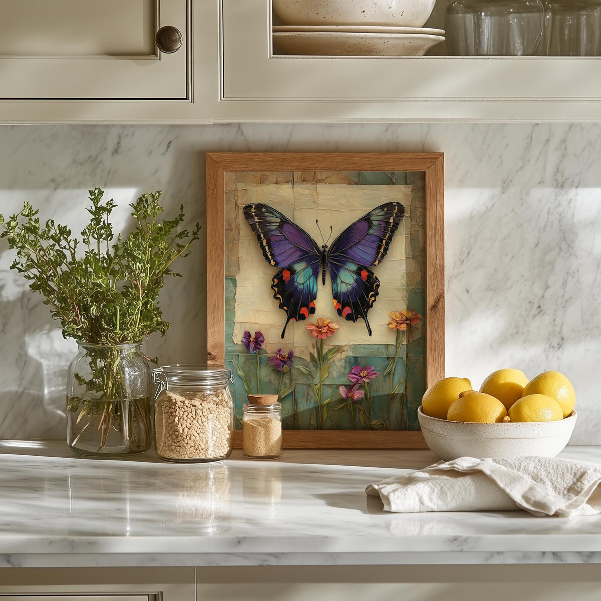 Purple Butterfly animal art print shown in a room setting