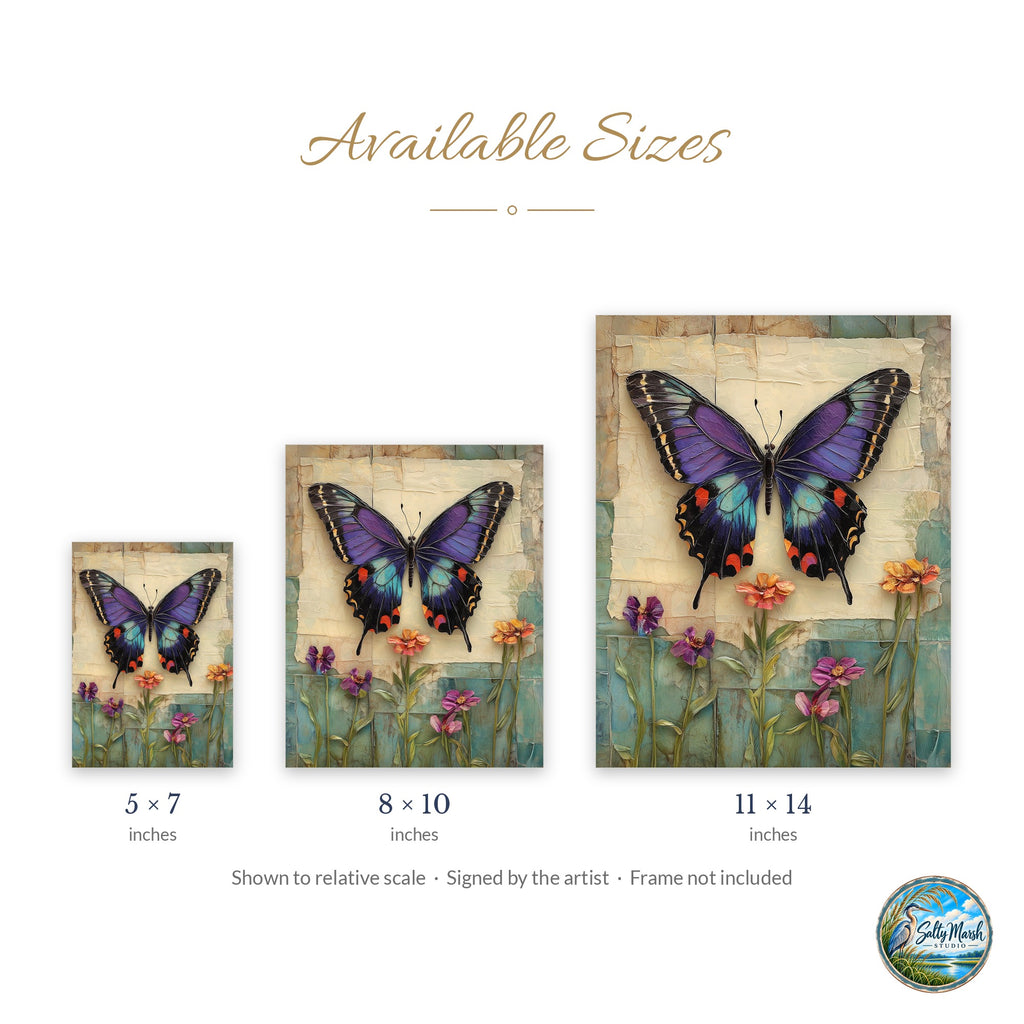 Purple Butterfly art print size guide: 5x7, 8x10 and 11x14