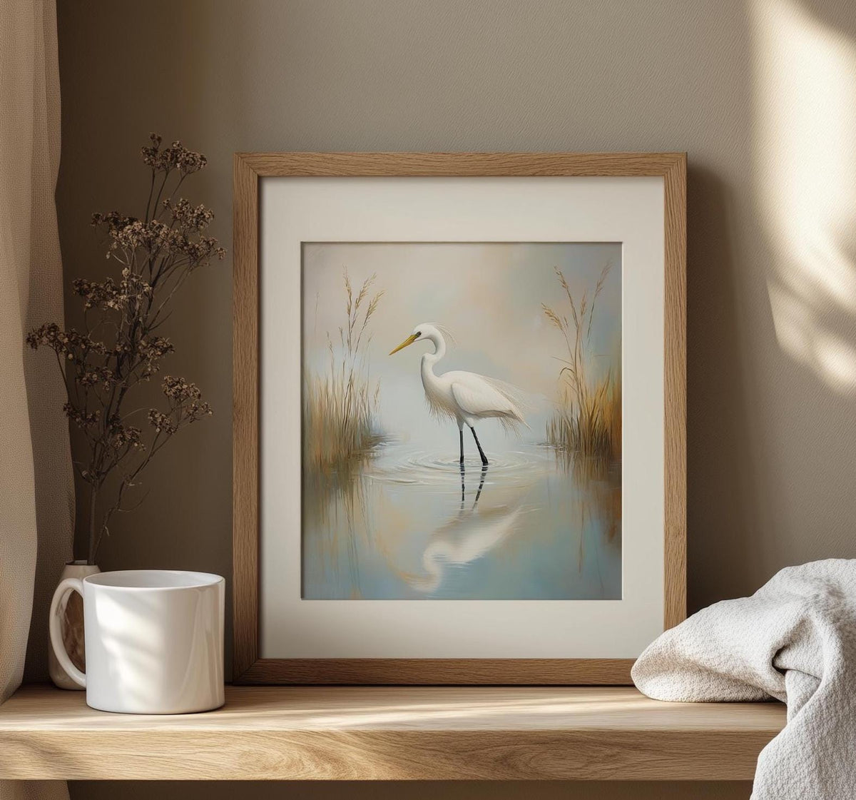 Great Egret animal art print shown in a room setting