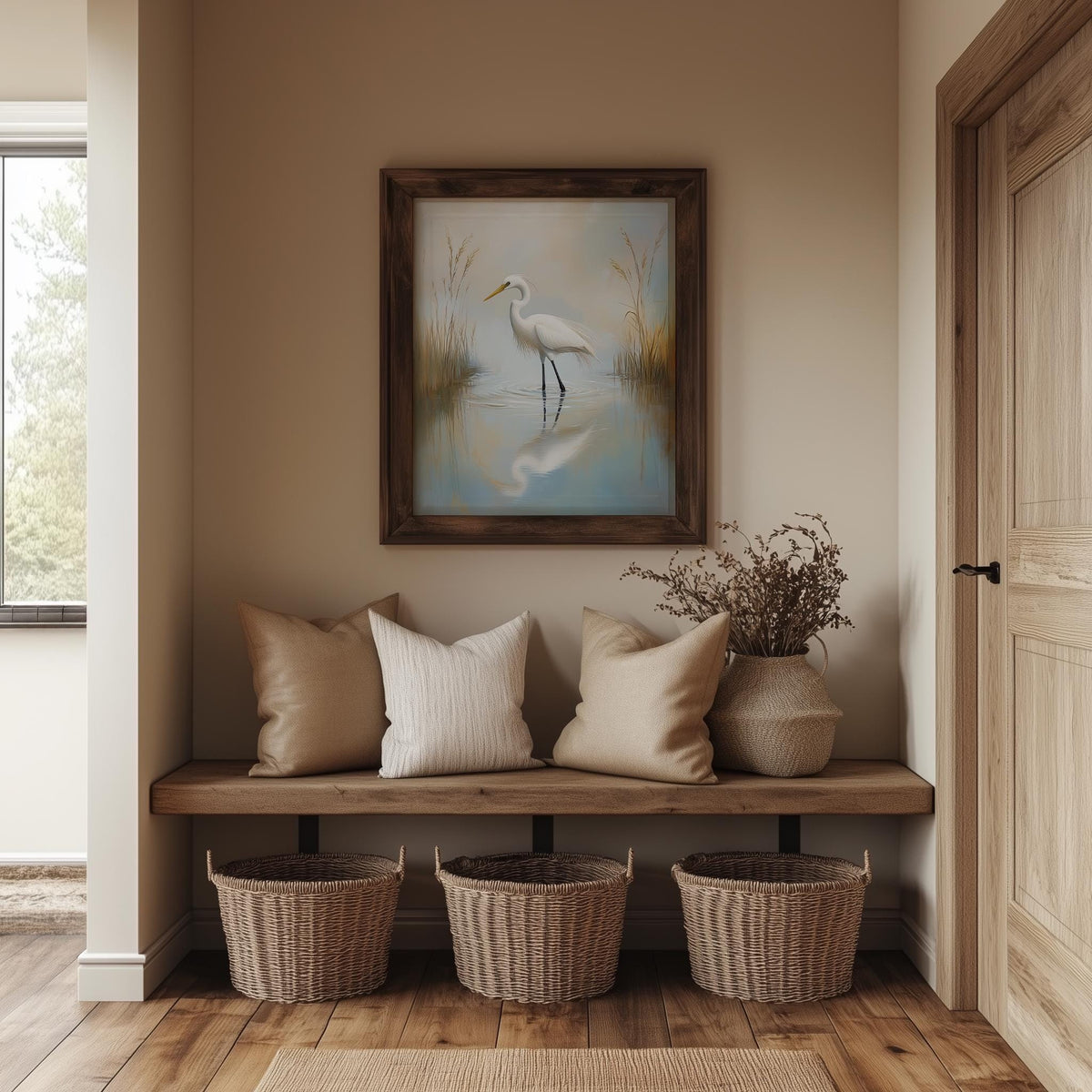 Great Egret animal art print shown in a room setting