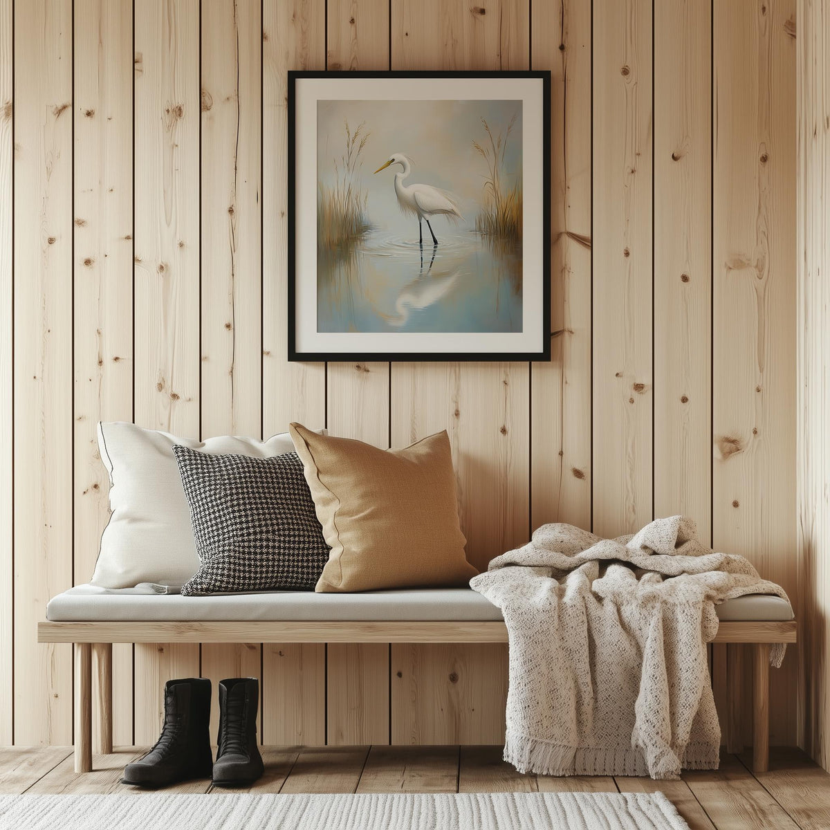 Great Egret animal art print shown in a room setting