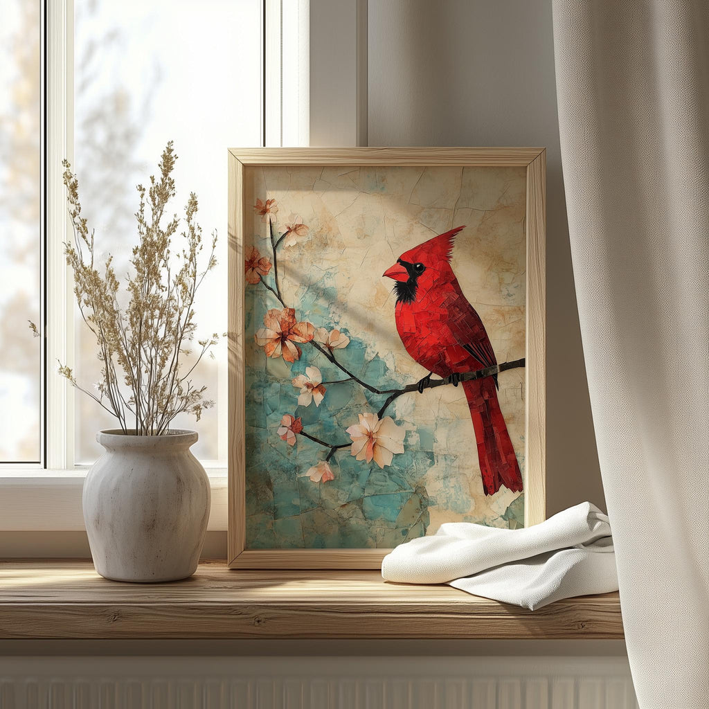 Red Cardinal animal art print shown in a room setting