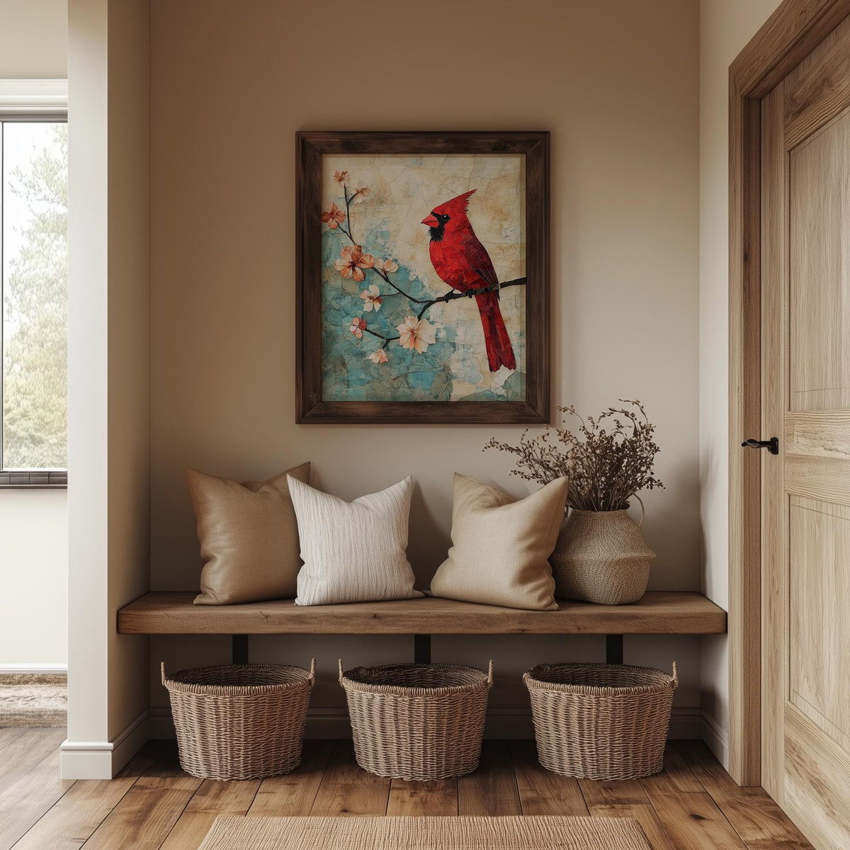 Red Cardinal animal art print shown in a room setting