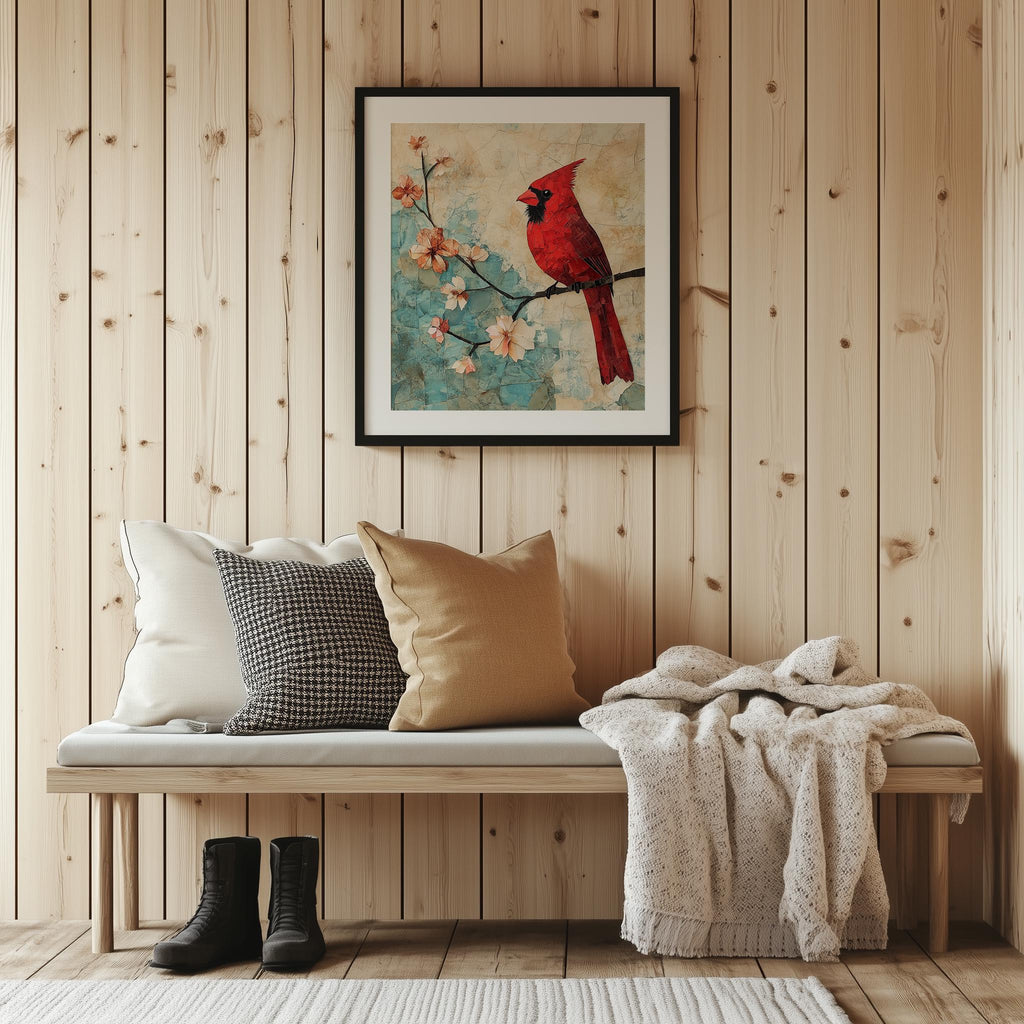 Red Cardinal animal art print shown in a room setting