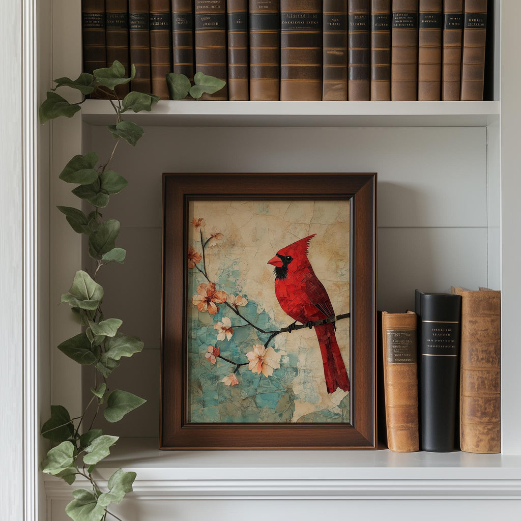 Red Cardinal animal art print shown in a room setting