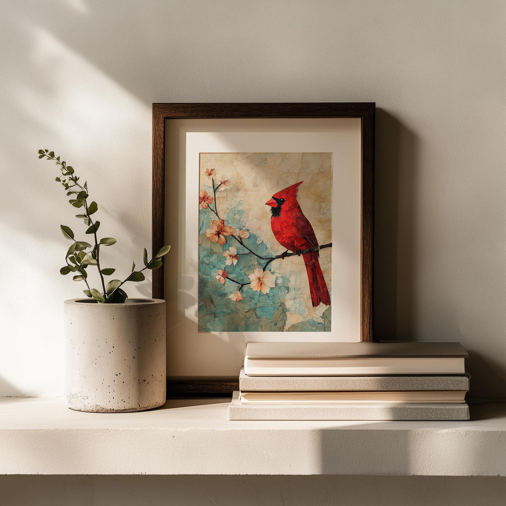 Red Cardinal animal art print shown in a room setting