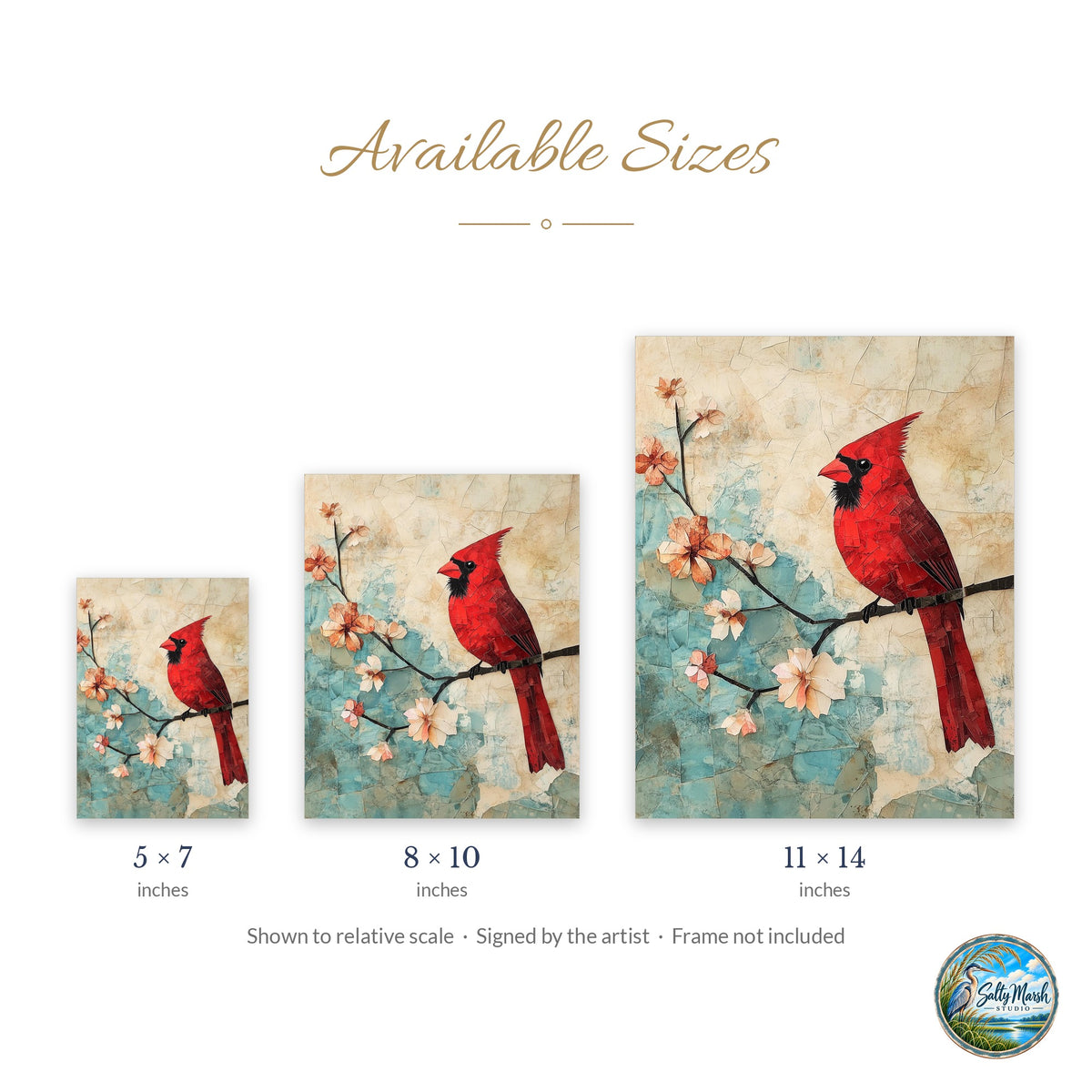Red Cardinal art print size guide: 5x7, 8x10 and 11x14