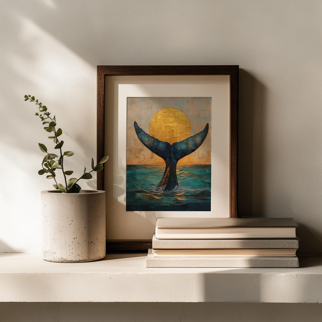 Whale Tail Sunset animal art print shown in a room setting