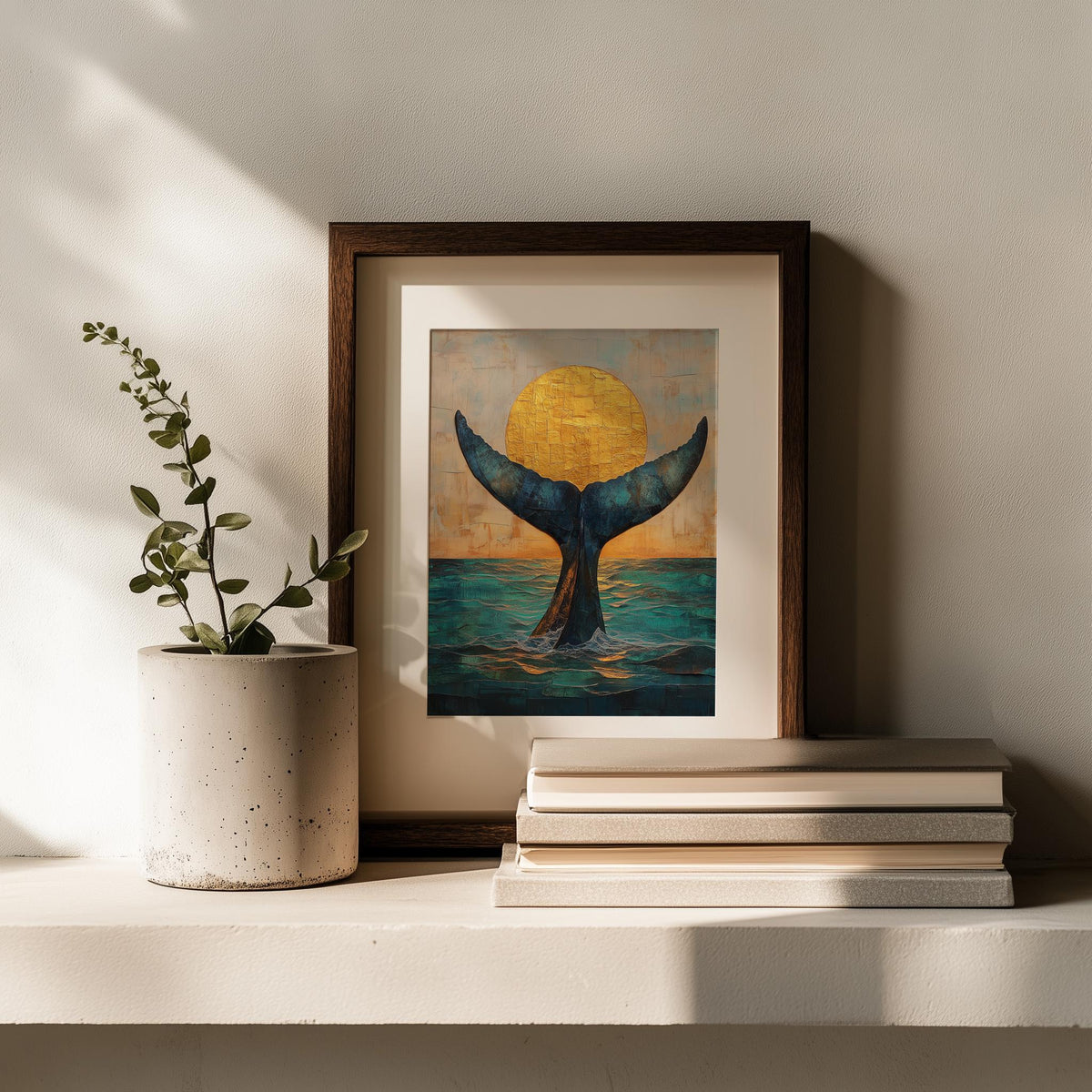 Whale Tail Sunset animal art print shown in a room setting