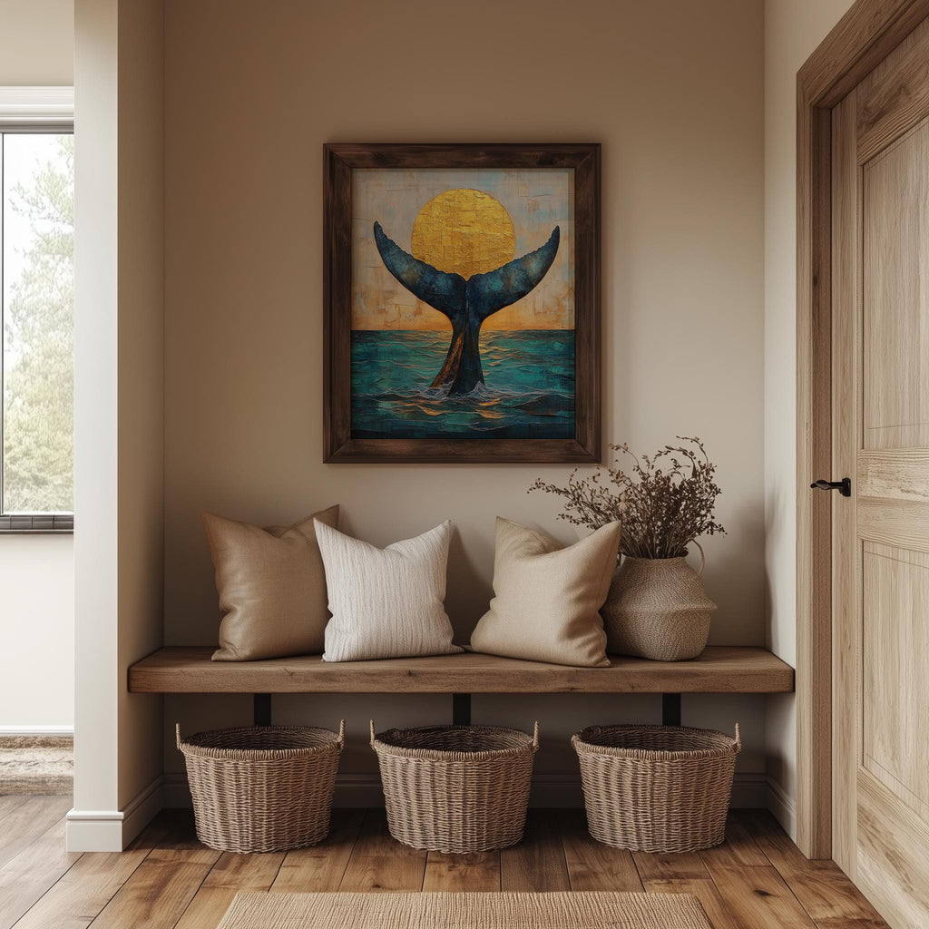 Whale Tail Sunset animal art print shown in a room setting