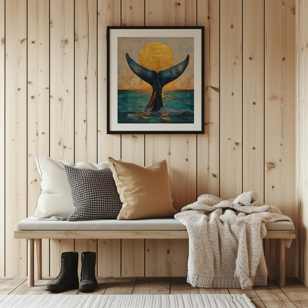 Whale Tail Sunset animal art print shown in a room setting
