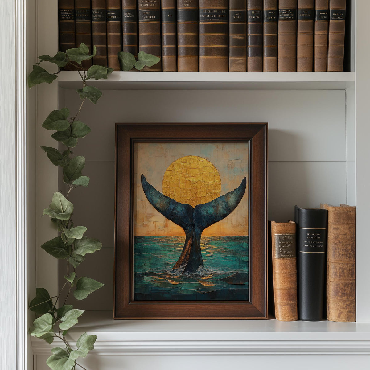 Whale Tail Sunset animal art print shown in a room setting
