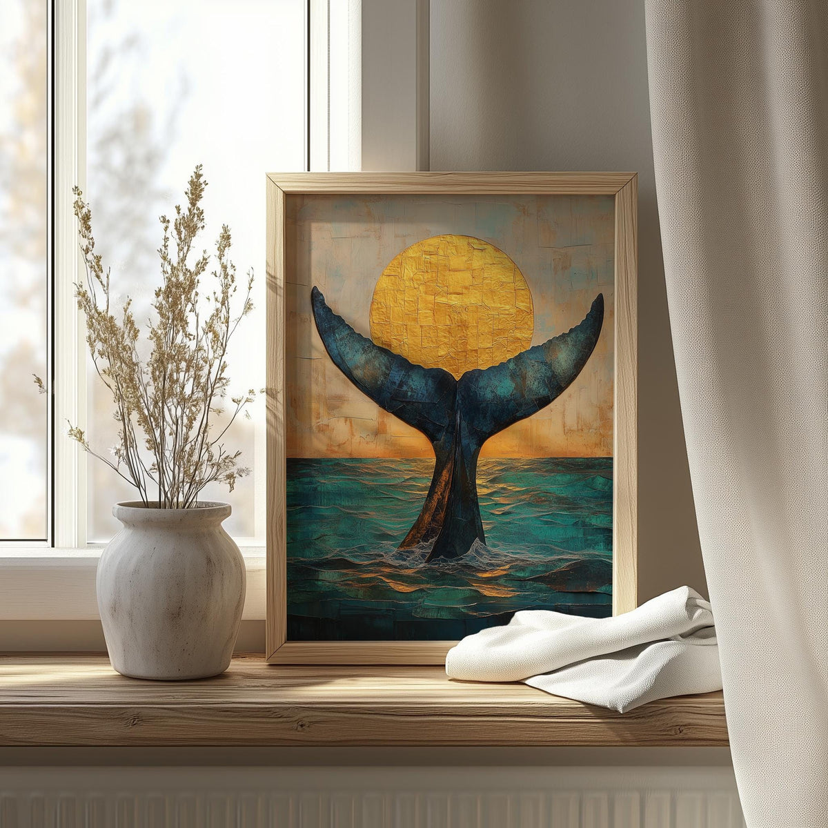 Whale Tail Sunset animal art print shown in a room setting