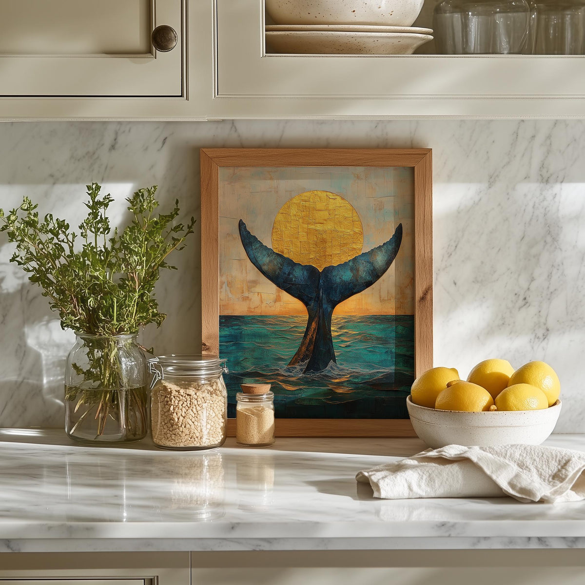 Whale Tail Sunset animal art print shown in a room setting