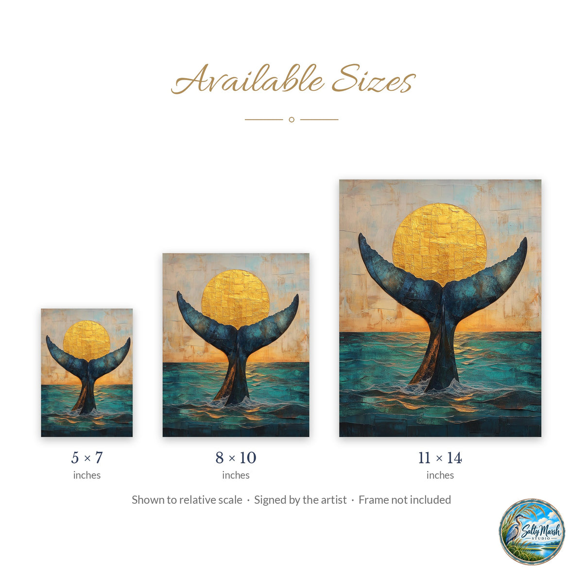 Whale Tail Sunset art print size guide: 5x7, 8x10 and 11x14