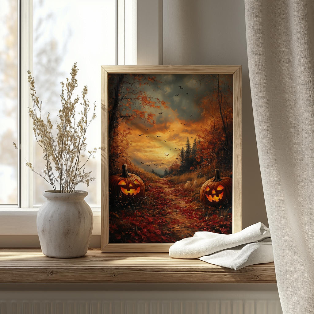 Forest Pumpkin Path Halloween art print shown in a room setting