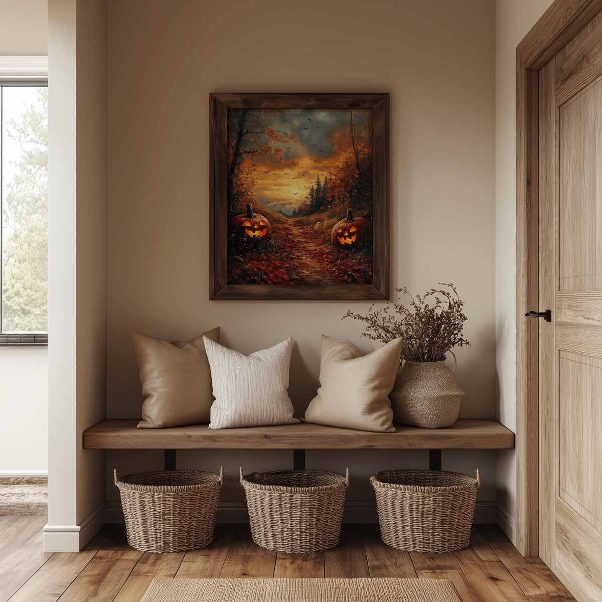 Forest Pumpkin Path Halloween art print shown in a room setting