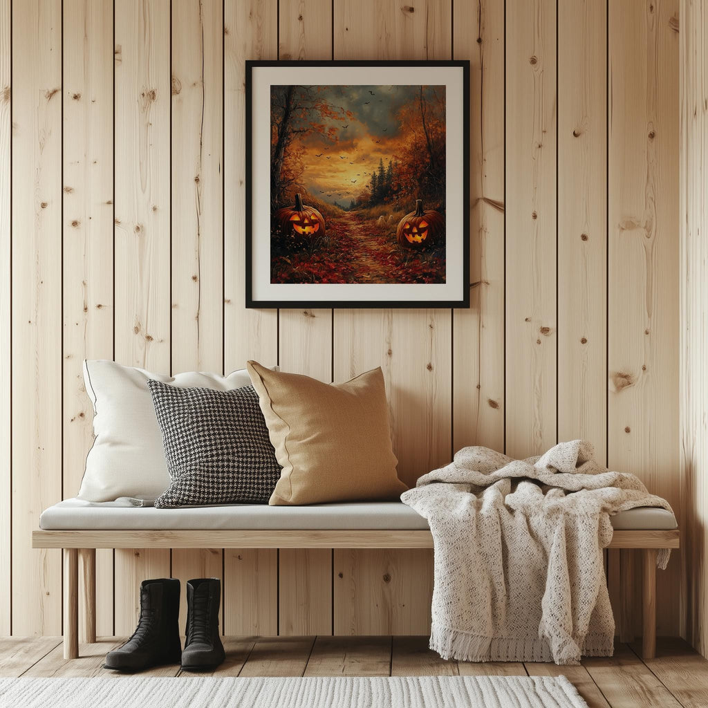 Forest Pumpkin Path Halloween art print shown in a room setting