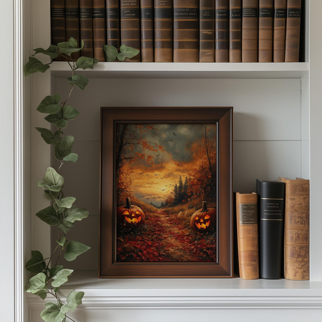 Forest Pumpkin Path Halloween art print shown in a room setting