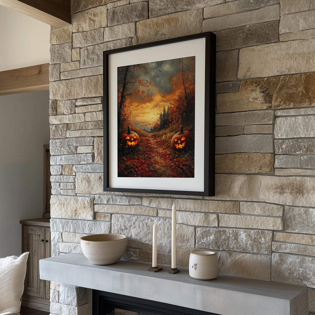 Forest Pumpkin Path Halloween art print shown in a room setting