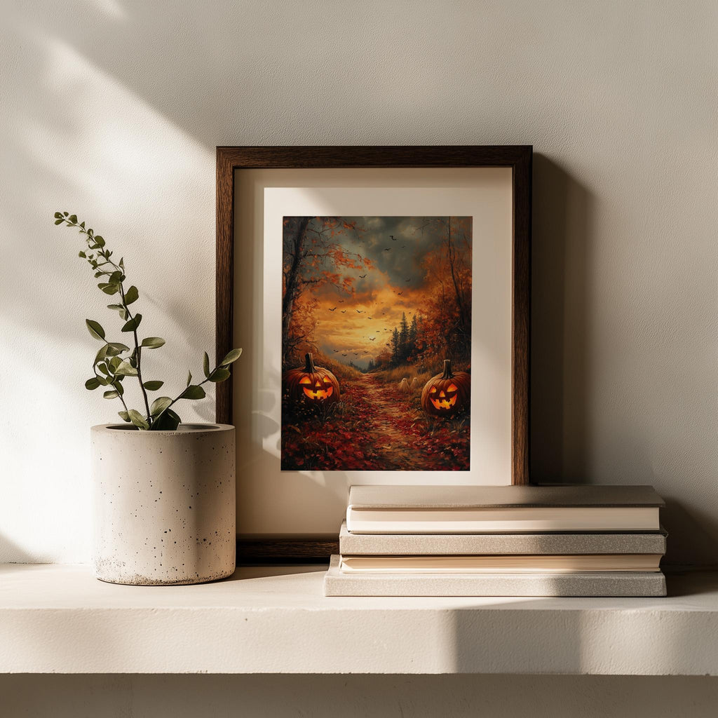 Forest Pumpkin Path Halloween art print shown in a room setting
