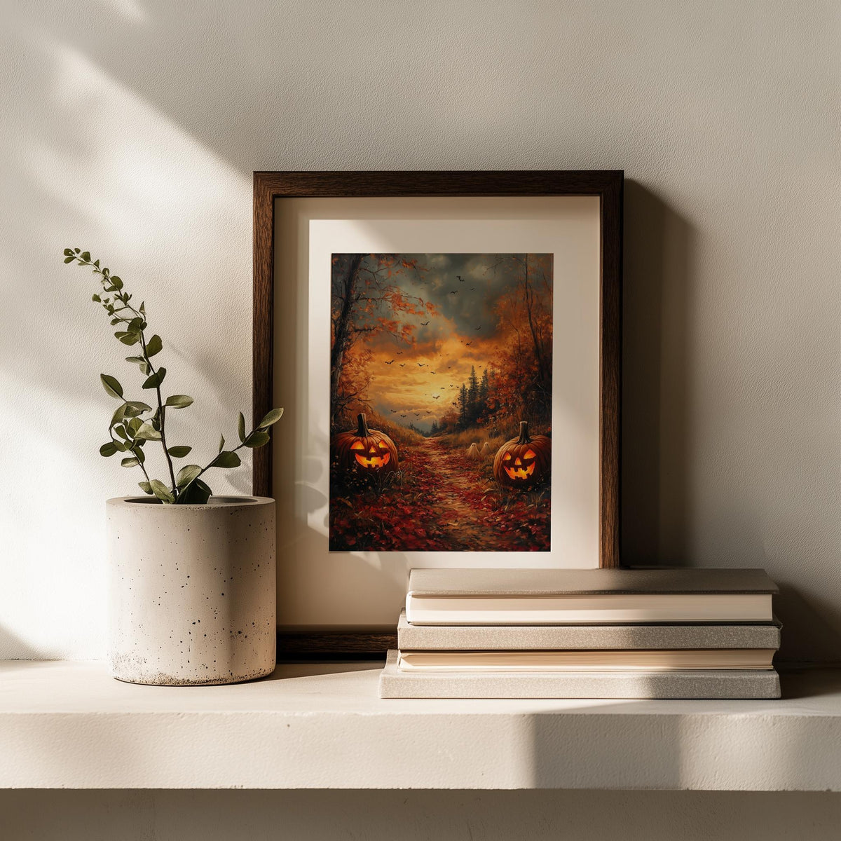 Forest Pumpkin Path Halloween art print shown in a room setting