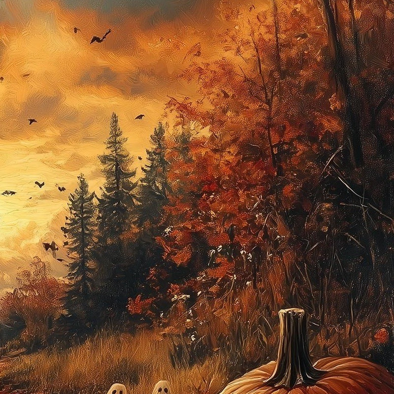 Forest Pumpkin Path Halloween art print close-up detail