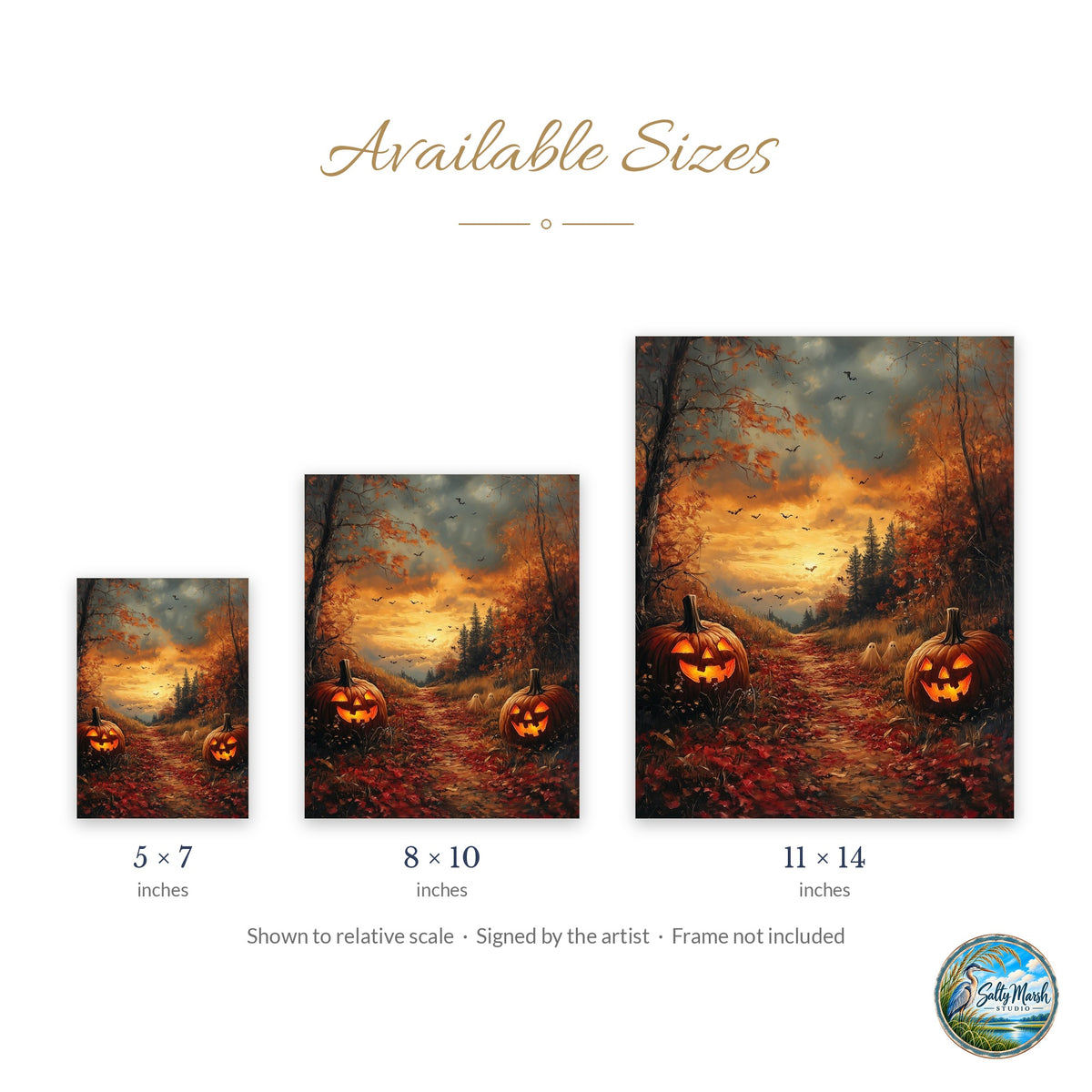 Forest Pumpkin Path art print size guide: 5x7, 8x10 and 11x14