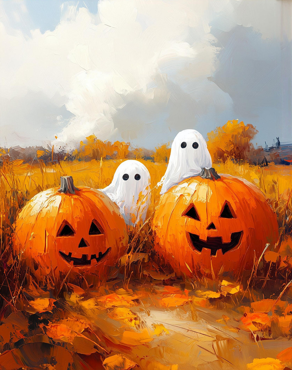 Sunny Pumpkin Ghosts Halloween art print unframed, signed by Pattie Overcash