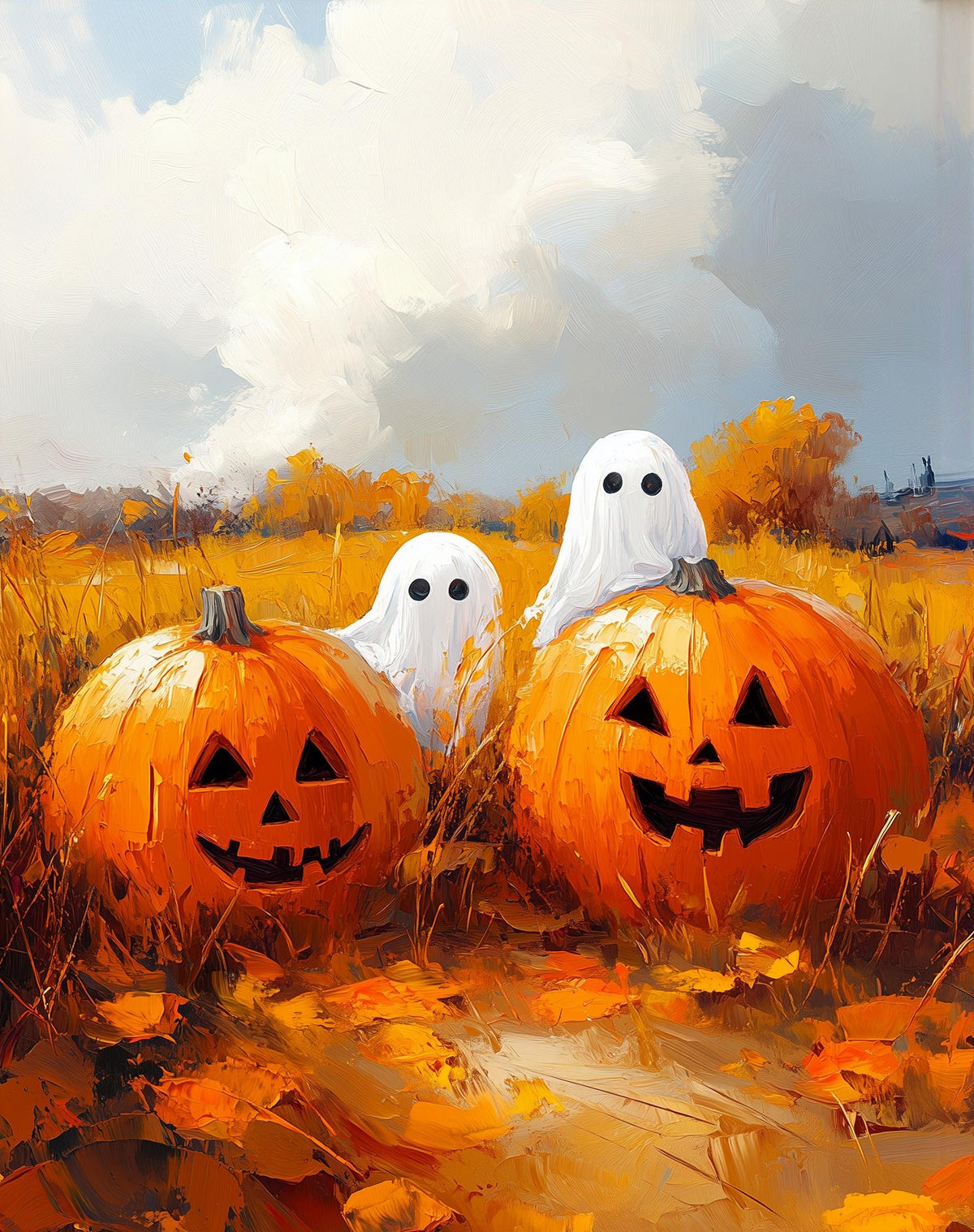 Sunny Pumpkin Ghosts Halloween art print unframed, signed by Pattie Overcash