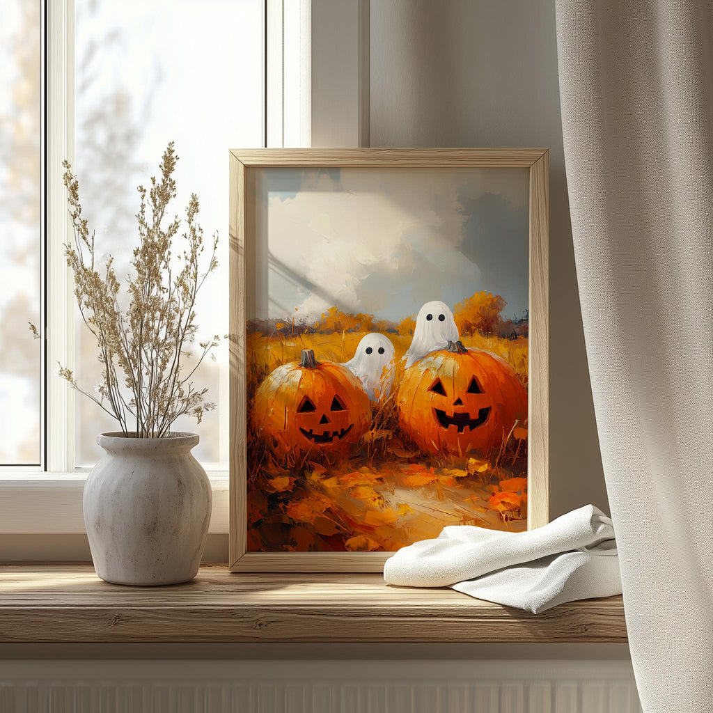 Sunny Pumpkin Ghosts Halloween art print shown in a room setting