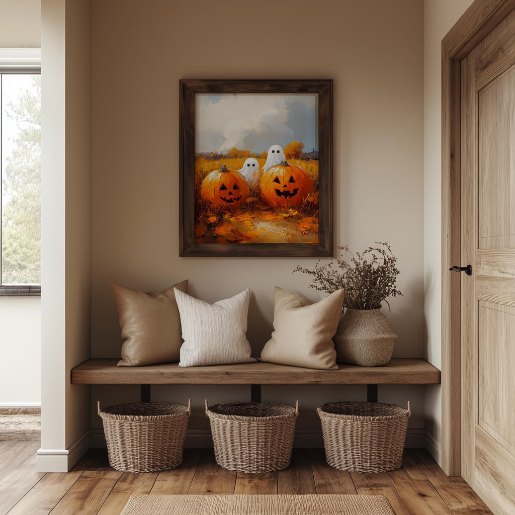 Sunny Pumpkin Ghosts Halloween art print shown in a room setting