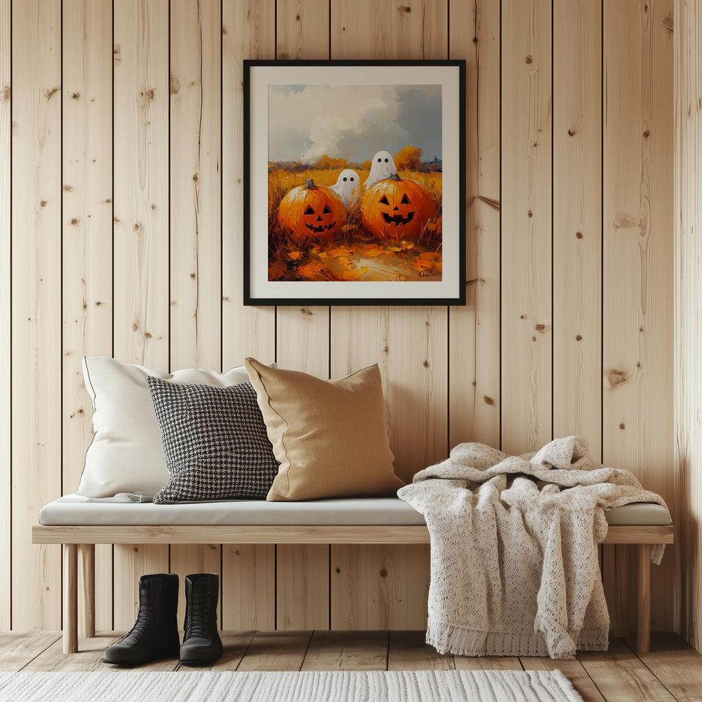 Sunny Pumpkin Ghosts Halloween art print shown in a room setting