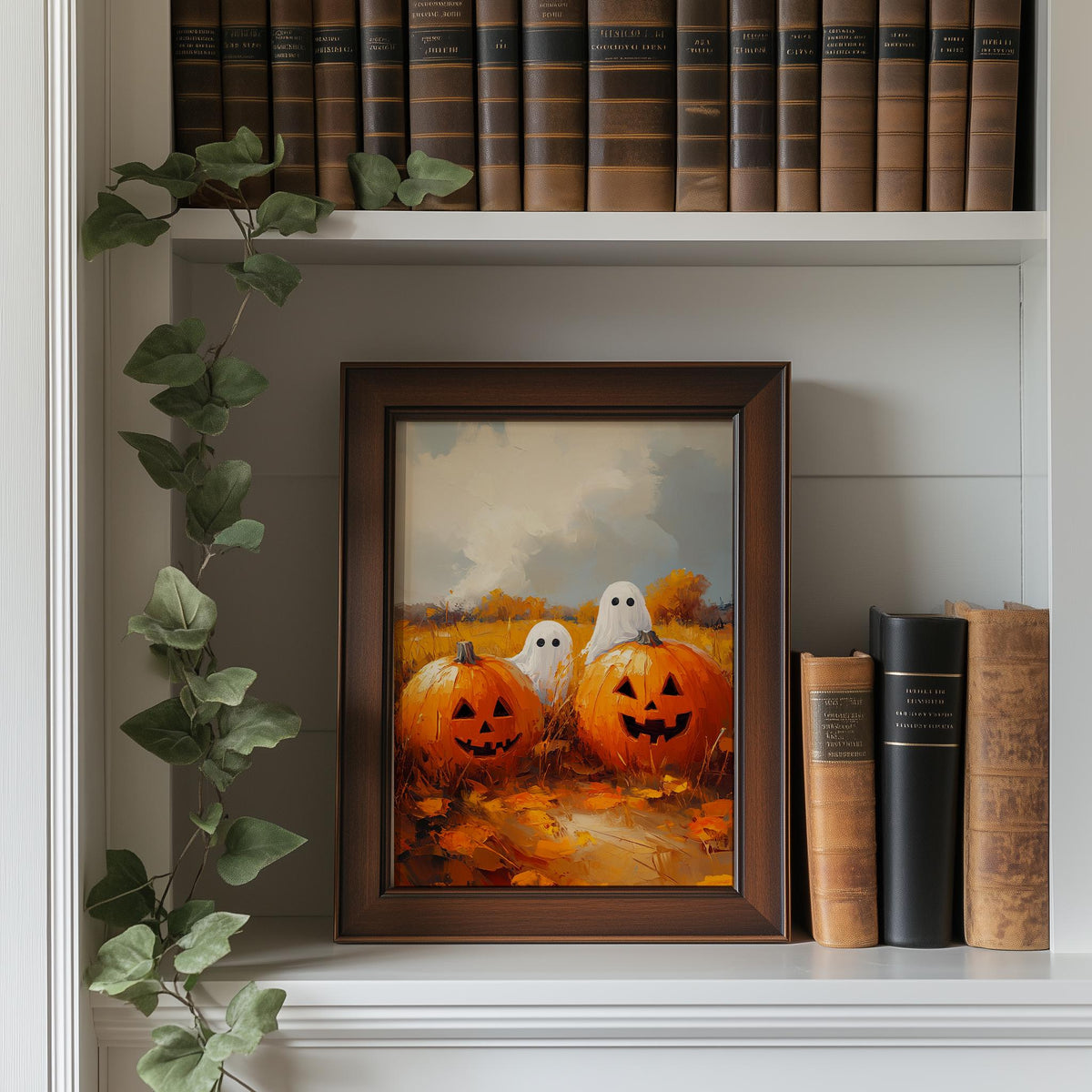 Sunny Pumpkin Ghosts Halloween art print shown in a room setting