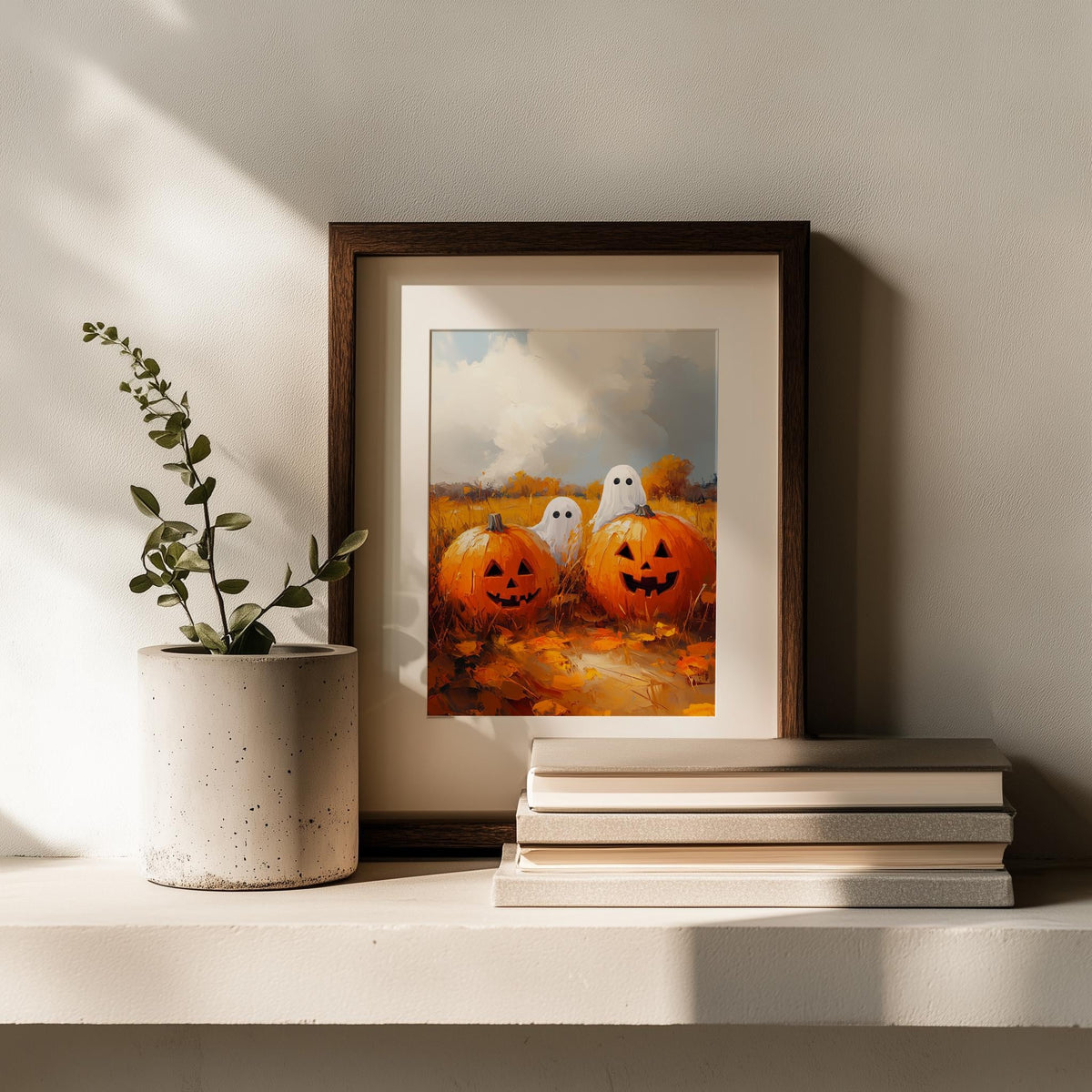 Sunny Pumpkin Ghosts Halloween art print shown in a room setting