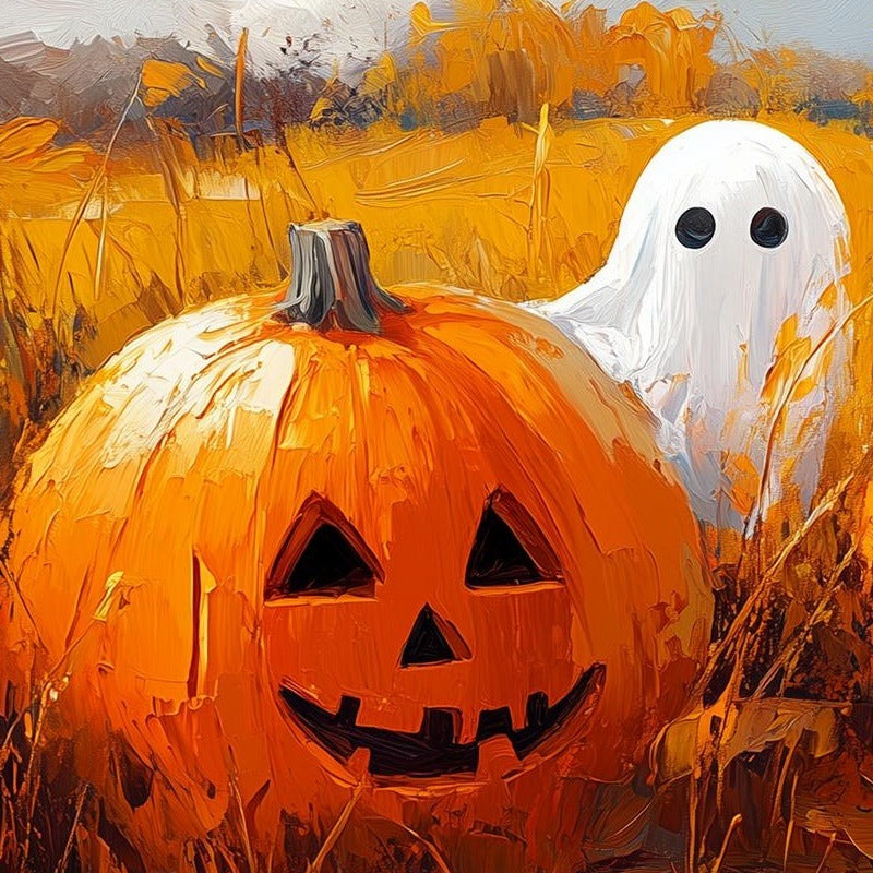 Sunny Pumpkin Ghosts Halloween art print close-up detail